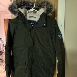 Lands' End Kids Dark Green Puffer Jacket with Faux Fur Hood